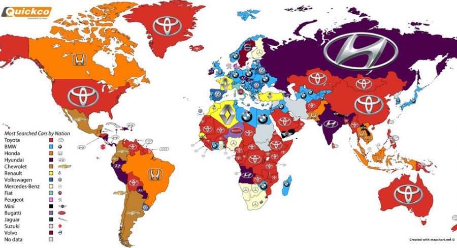 World map shows Google search about Brandcar
