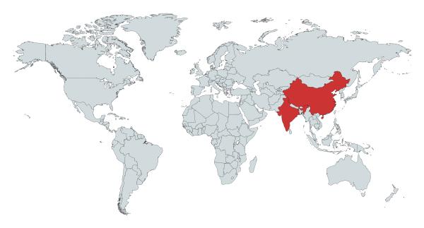 พื้นที่สีแดงคือพื้นที่ที่มีประชากรรวมกันแล้วได้เท่ากับประมาณหนึ่งในสามของประชากรโลก
