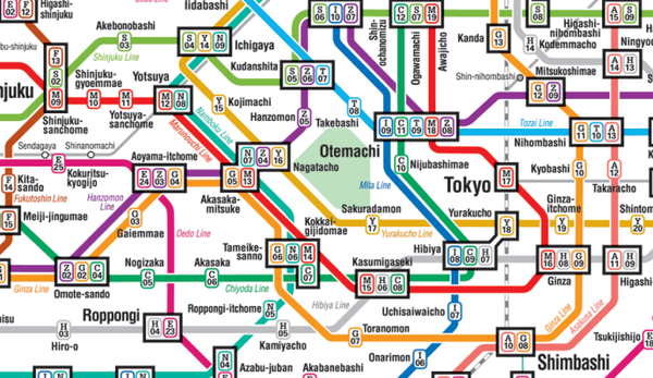 แผนที่รถไฟฟ้าที่ซับซ้อนในโตเกียวเมืองหลวงของญี่ปุ่น