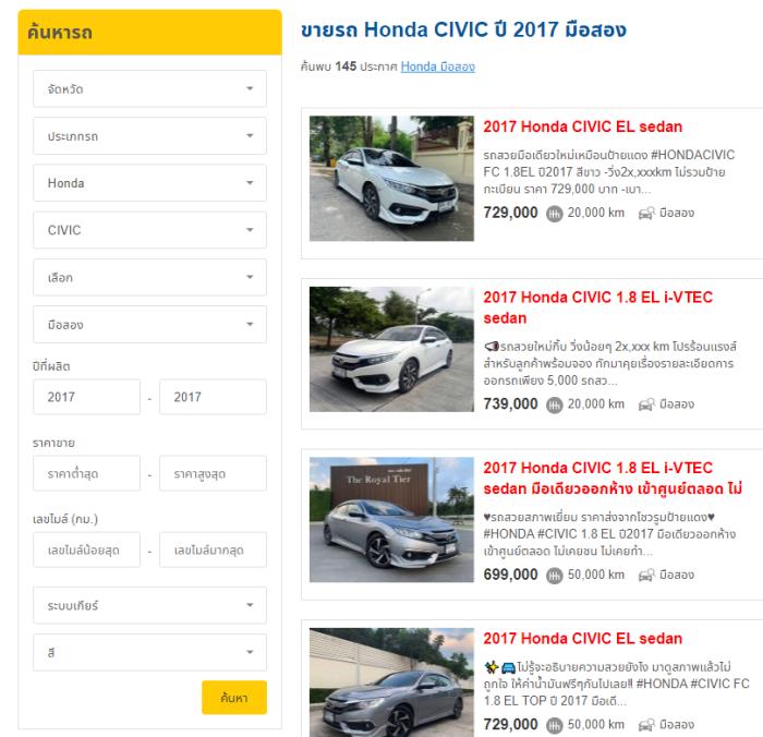 ตลาดรถราคาถูก Honda Civic 2017 ราคาดีที่ตลาดรถรถมือสอง chobrod.com