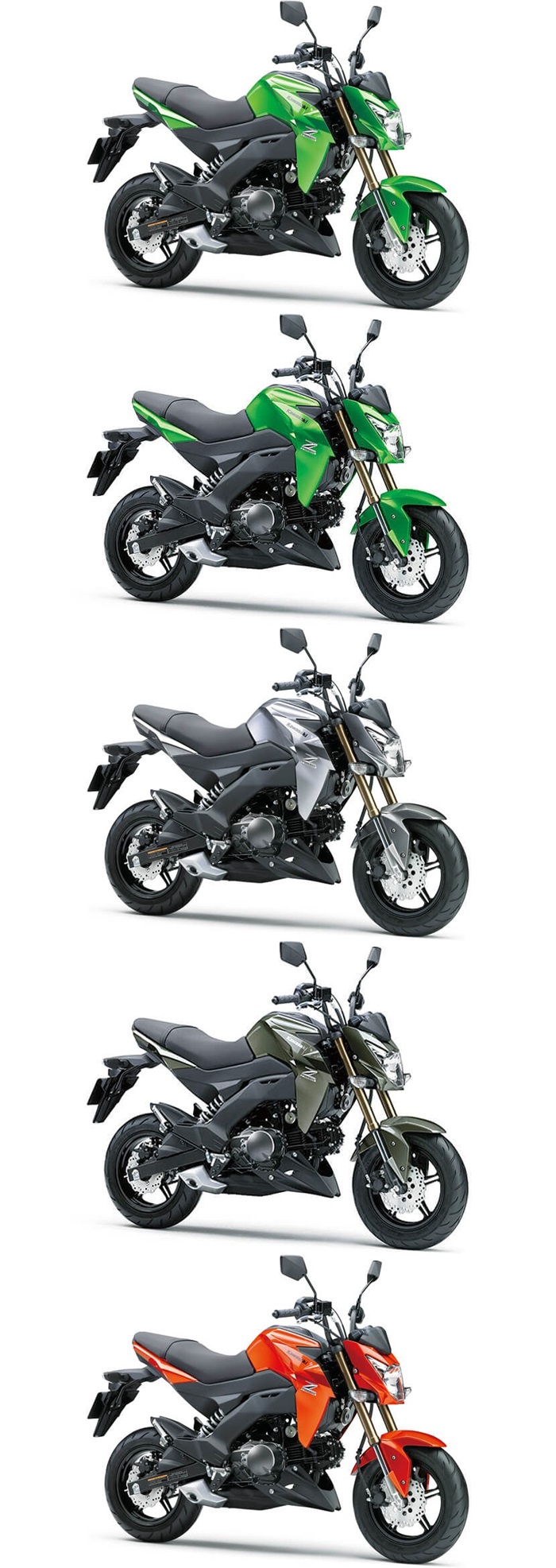 ​Kawasaki Z125 สีเขียว Candy Lime Green, สีเขียว Candy Flat Blazed Green, สีเทา Metallic, สีเทา METCOURAGE และสีส้ม