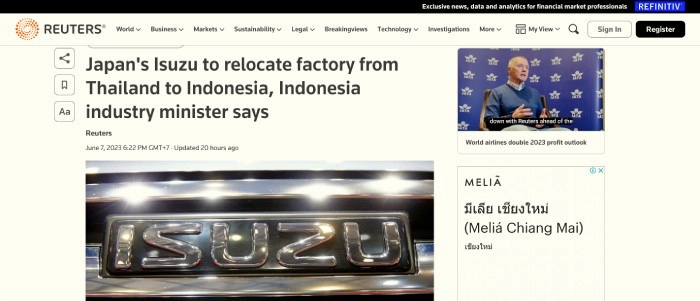 อีซูซุย้ายฐานการผลิตไปอินโดนีเซีย 