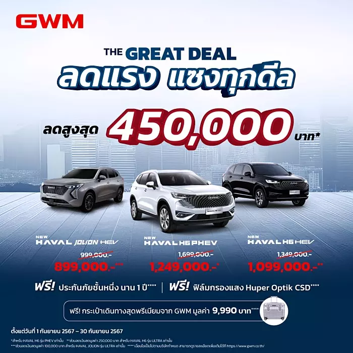 GWM HAVAL ให้ส่วนลดแบบจัดหนัก H6 PHEV ปี 2024 ส่วนลด 450,000 บาท เหลือราคา 1,249,000 บาท